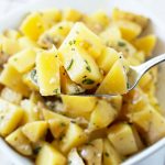 This healthy potato salad is so good! It has that sour vinegar kick and is so deliciously herbalicious! Make sure to try this.